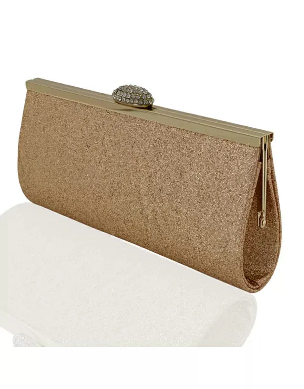 ASHANTI DIAMANTE CLASP SATIN LINING CLUTCH PURSE EVENING BAG IN GOLD GLITTER