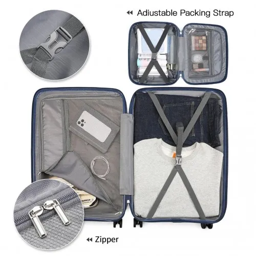 British Traveller 4 Pcs Set Spinner Hard Shell PP Suitcase With TSA Lock & Vanity Case - Navy