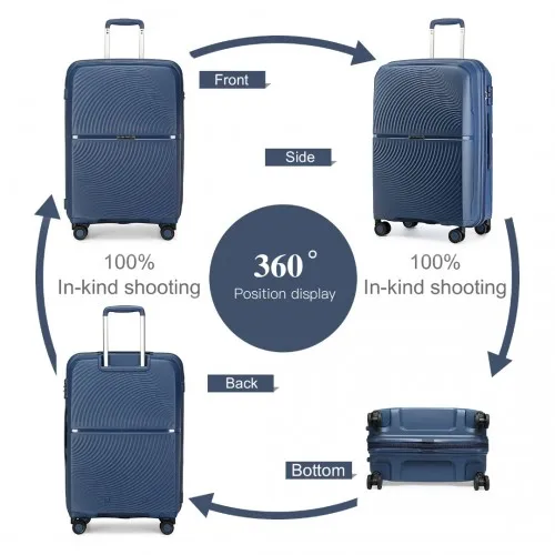 British Traveller 4 Pcs Set Spinner Hard Shell PP Suitcase With TSA Lock & Vanity Case - Navy