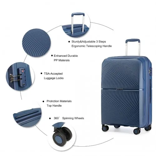 British Traveller 4 Pcs Set Spinner Hard Shell PP Suitcase With TSA Lock & Vanity Case - Navy