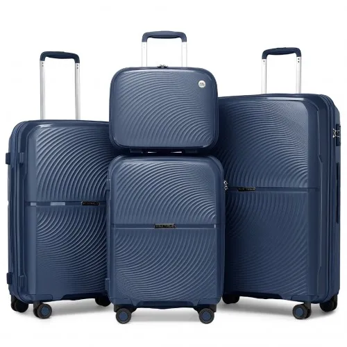 British Traveller 4 Pcs Set Spinner Hard Shell PP Suitcase With TSA Lock & Vanity Case - Navy