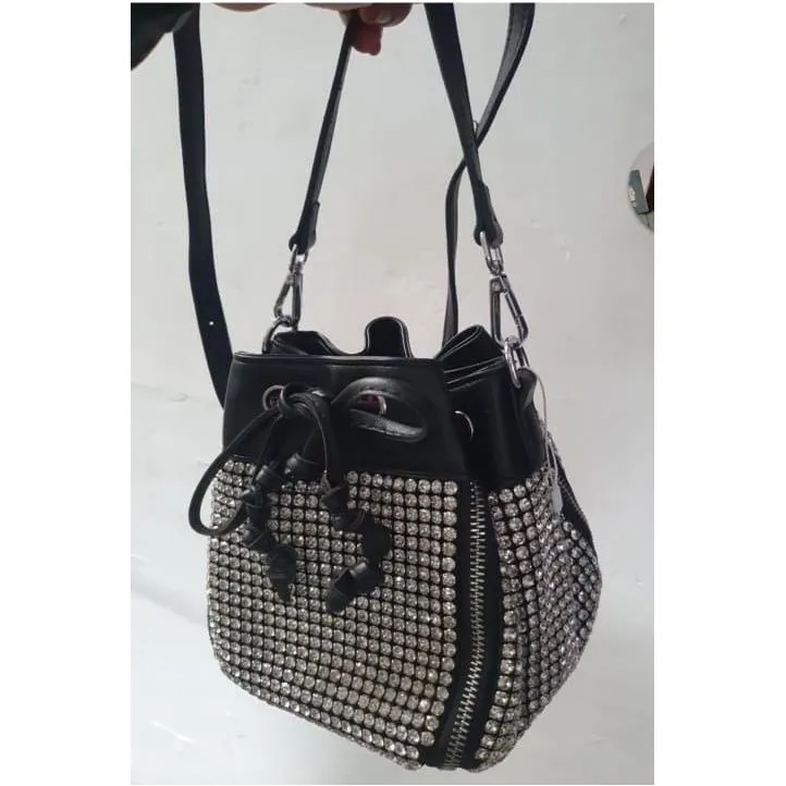 Bucket Luxury Crystal Top Handle Faux Leather Crossbody Shoulder Bag.