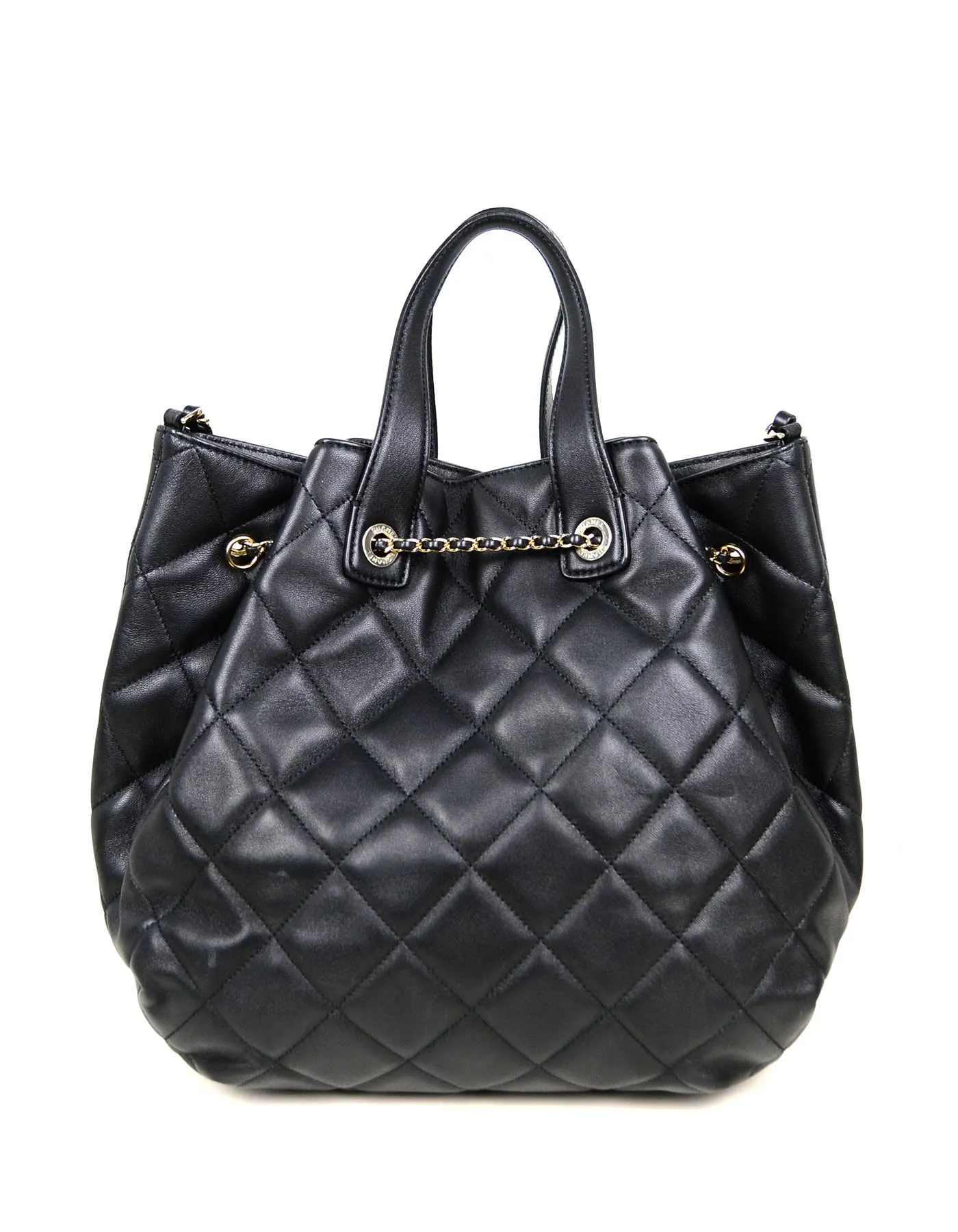 Chanel 2020 Black Lambskin Quilted CC Dweller Drawstring Bucket Tote Bag