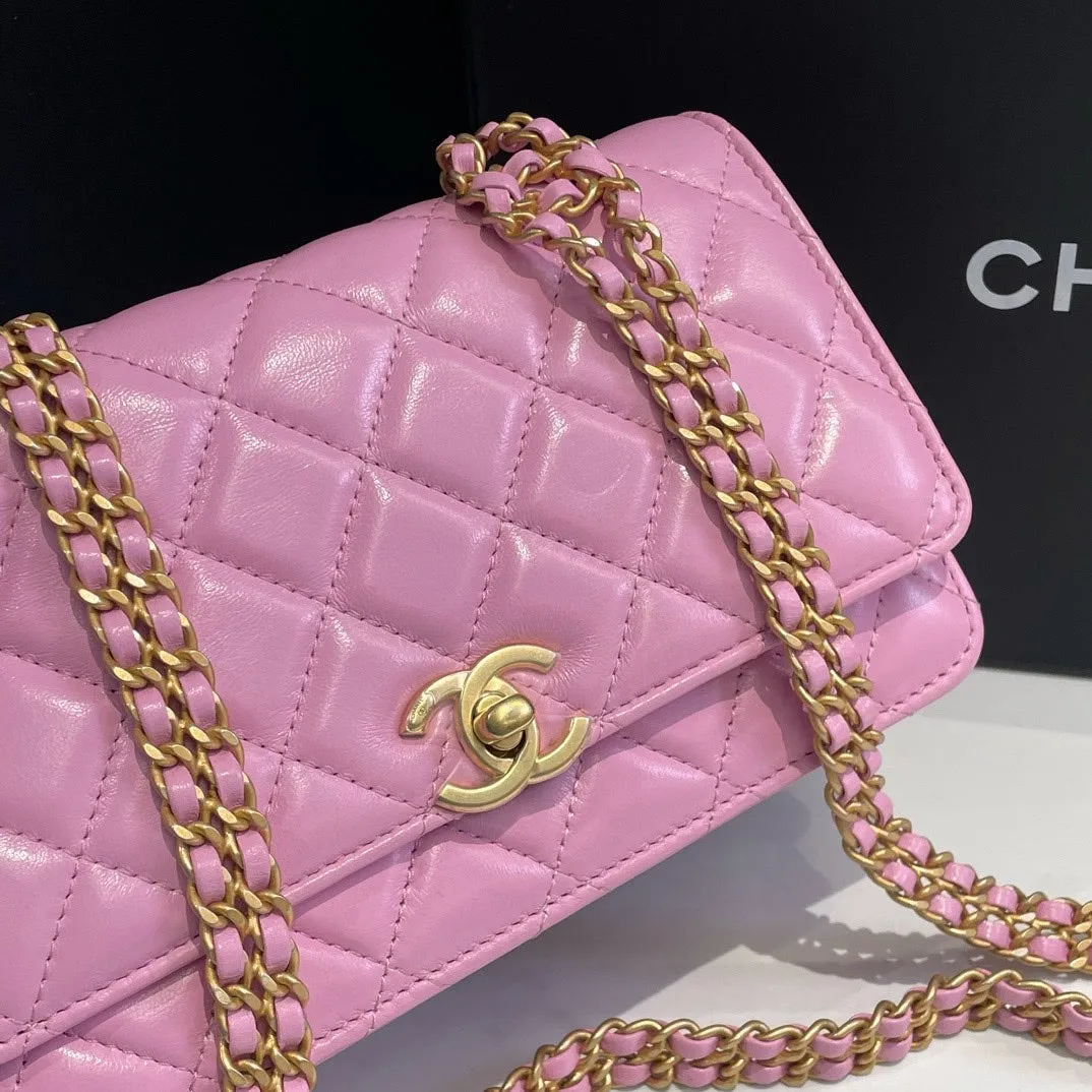 Chanel 23P Pink Quilted Leather Wallet On Chain Microchip