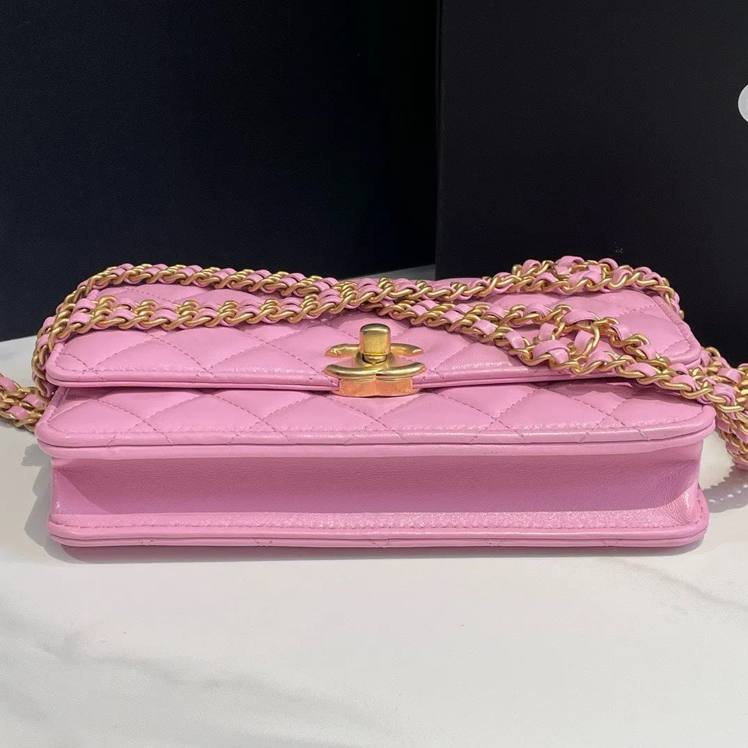 Chanel 23P Pink Quilted Leather Wallet On Chain Microchip