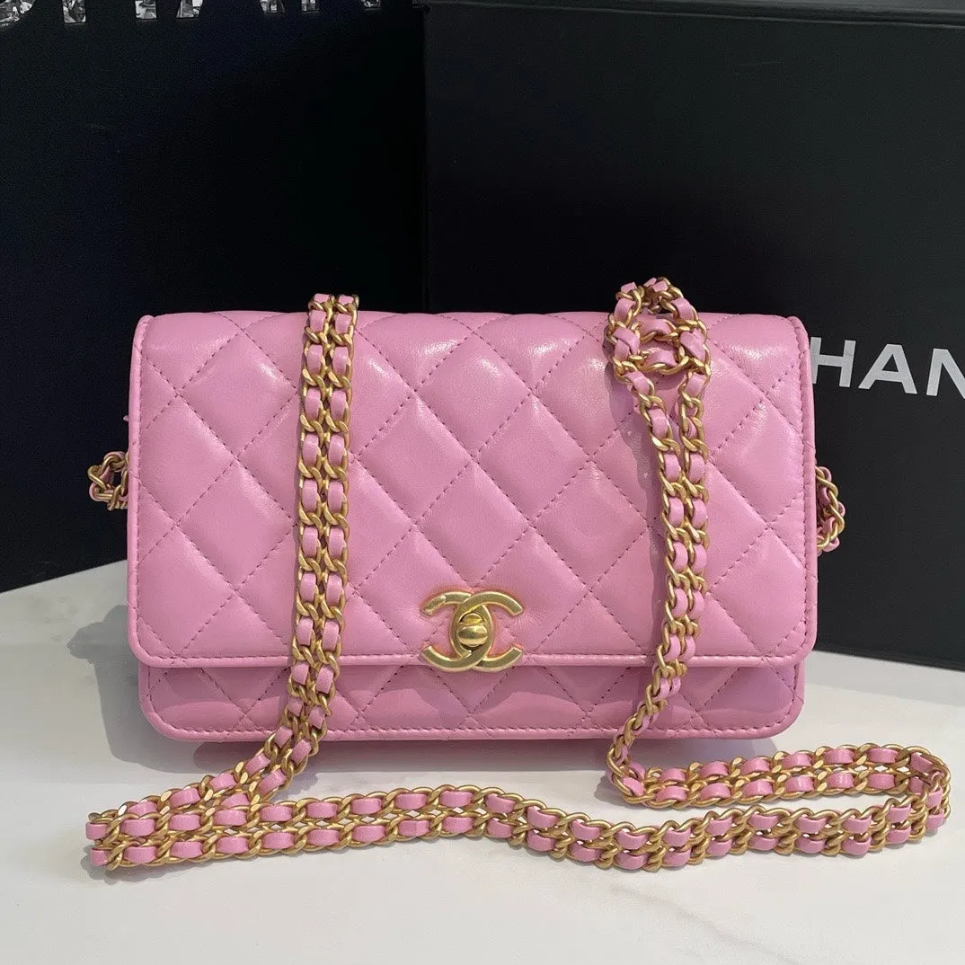 Chanel 23P Pink Quilted Leather Wallet On Chain Microchip