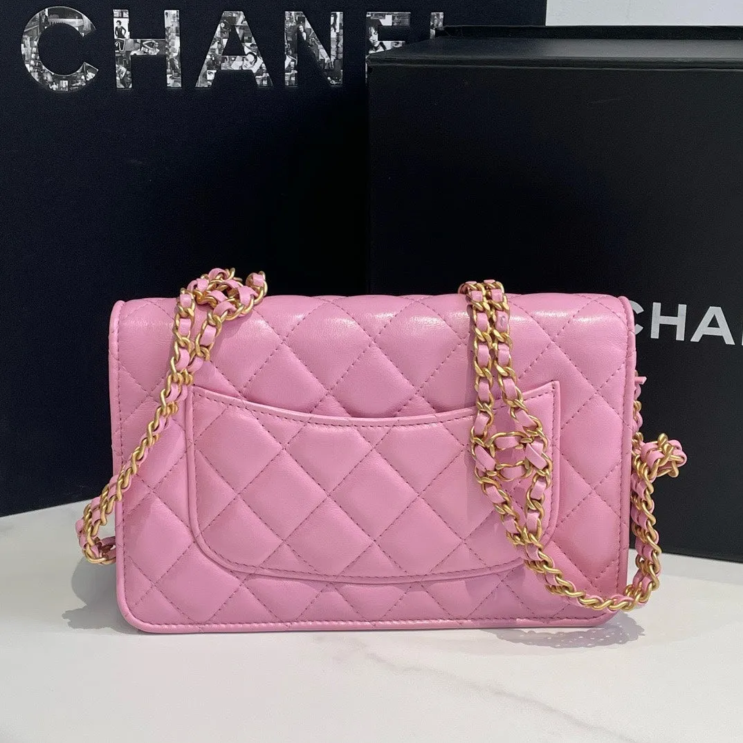 Chanel 23P Pink Quilted Leather Wallet On Chain Microchip