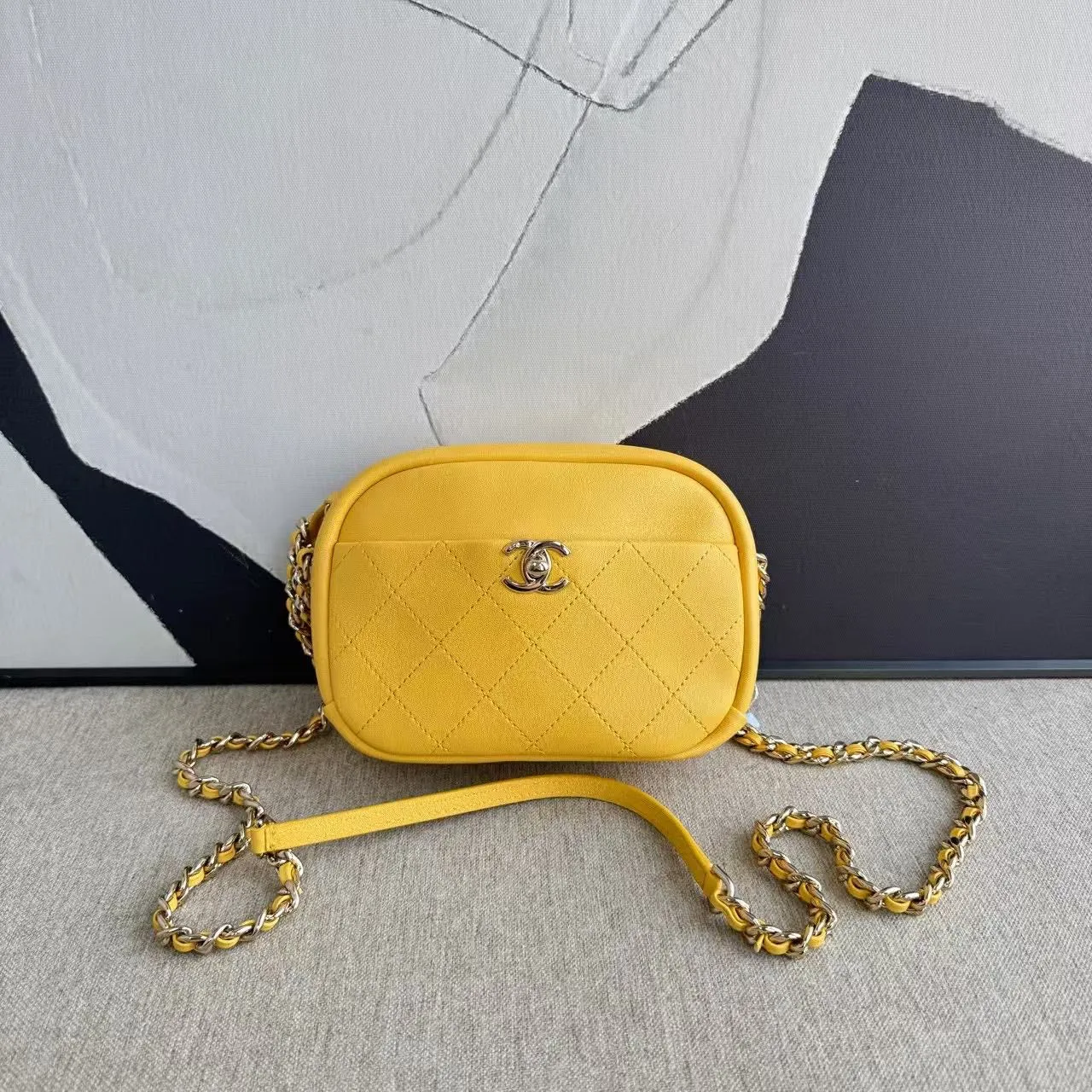 Chanel Yellow Quilted Leather Camera Bag 2018 Chain Strap