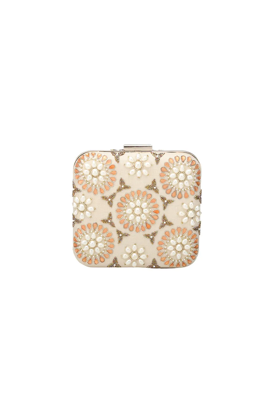 Cream Embroidered Box Clutch