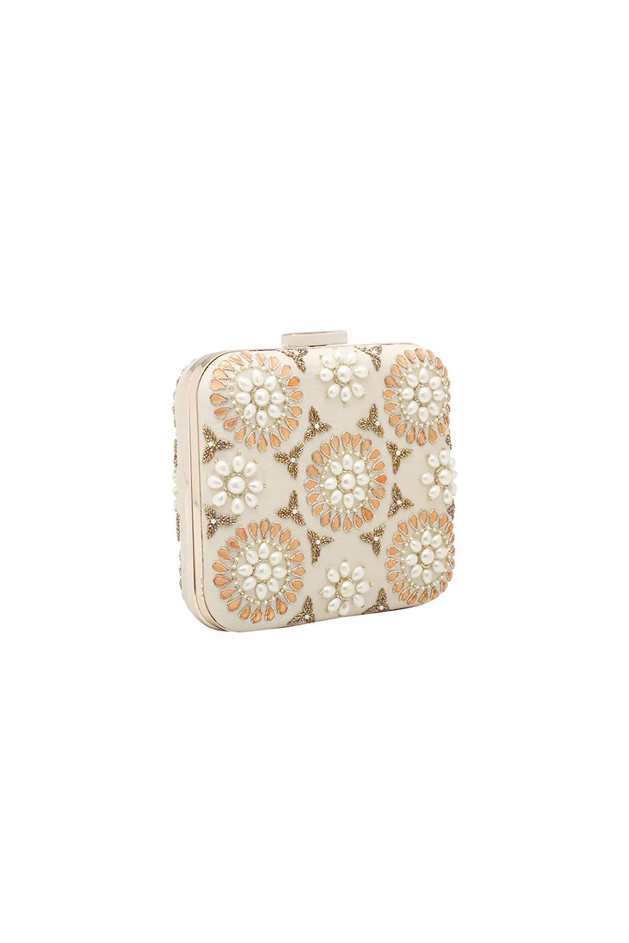 Cream Embroidered Box Clutch