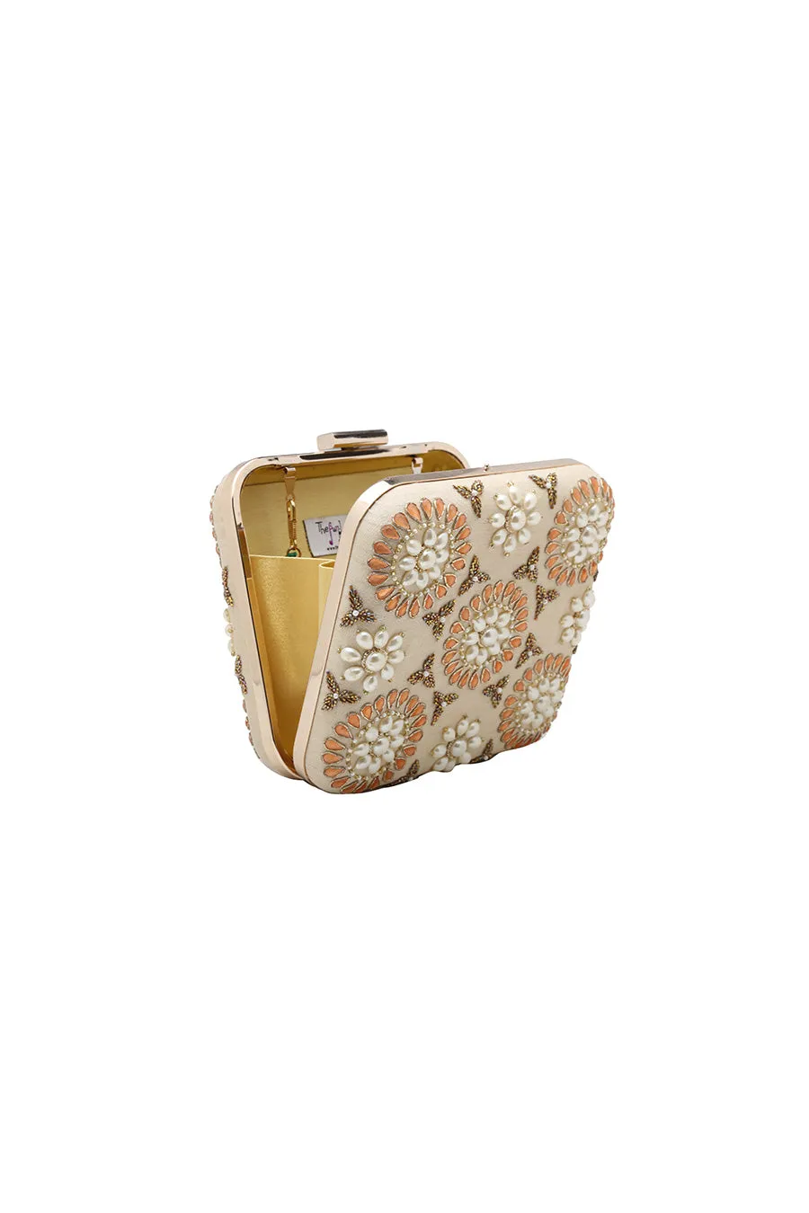 Cream Embroidered Box Clutch