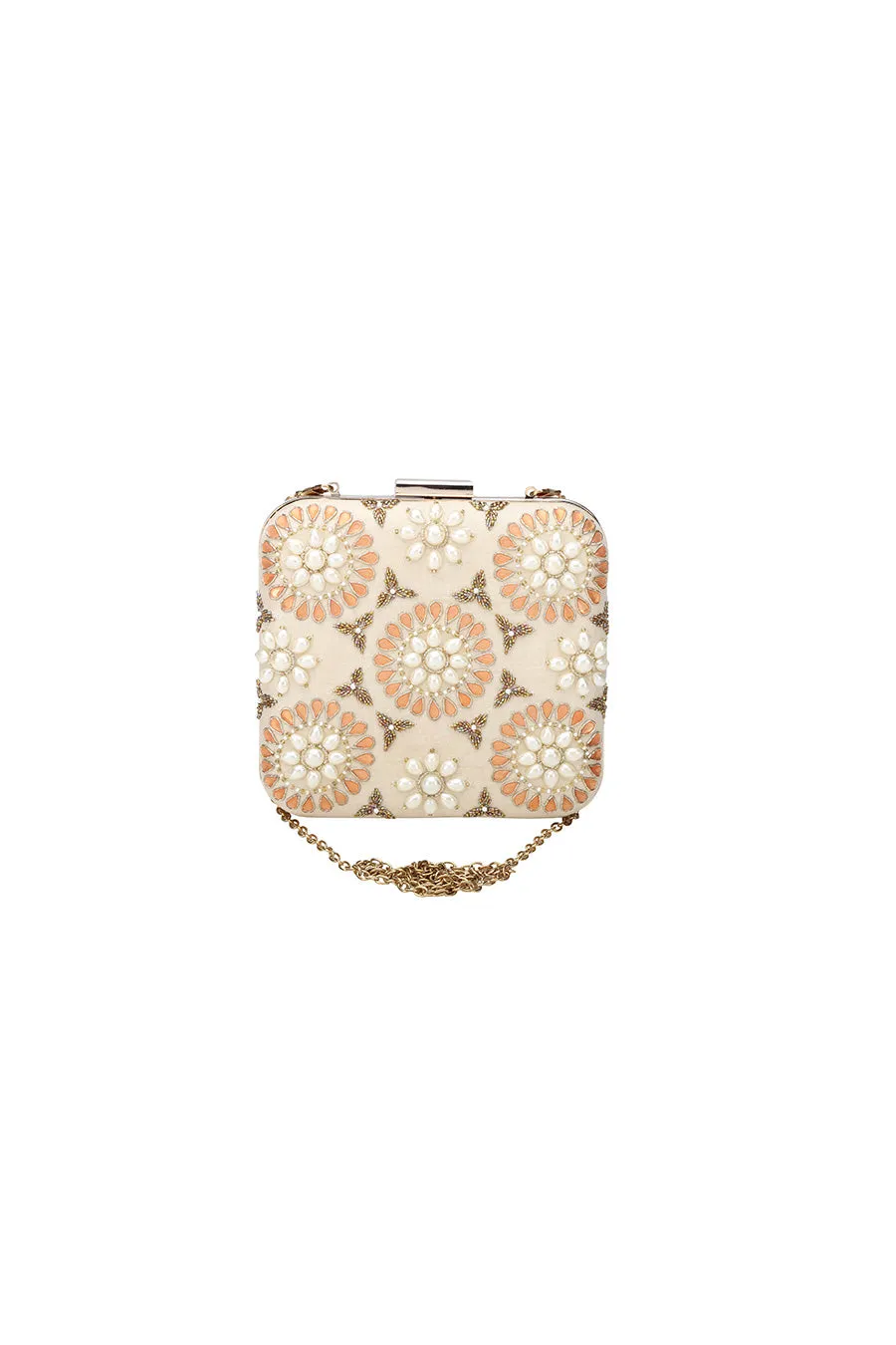 Cream Embroidered Box Clutch