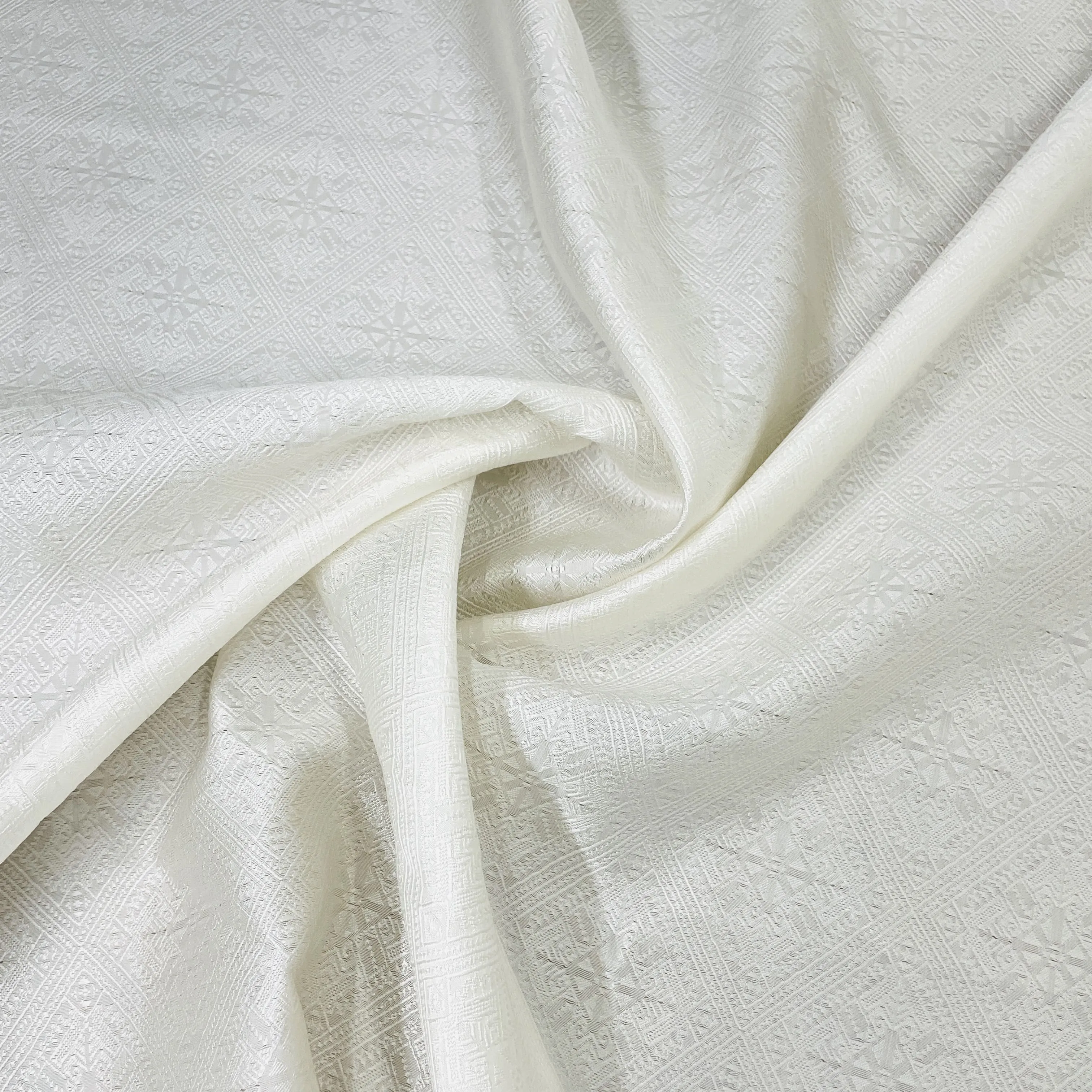 Exclusive Cream Geometrical Embroidery Satin Jaquard Fabric