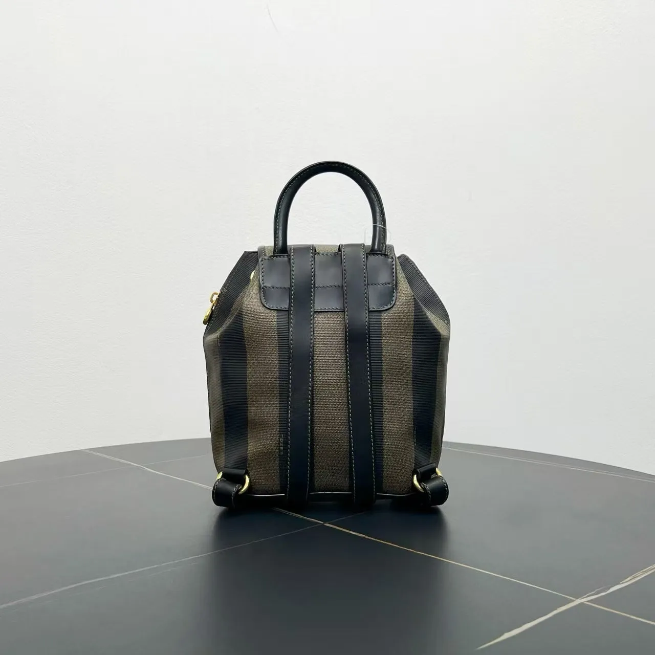 Fendi Striped Canvas Backpack Black Beige Medium Size