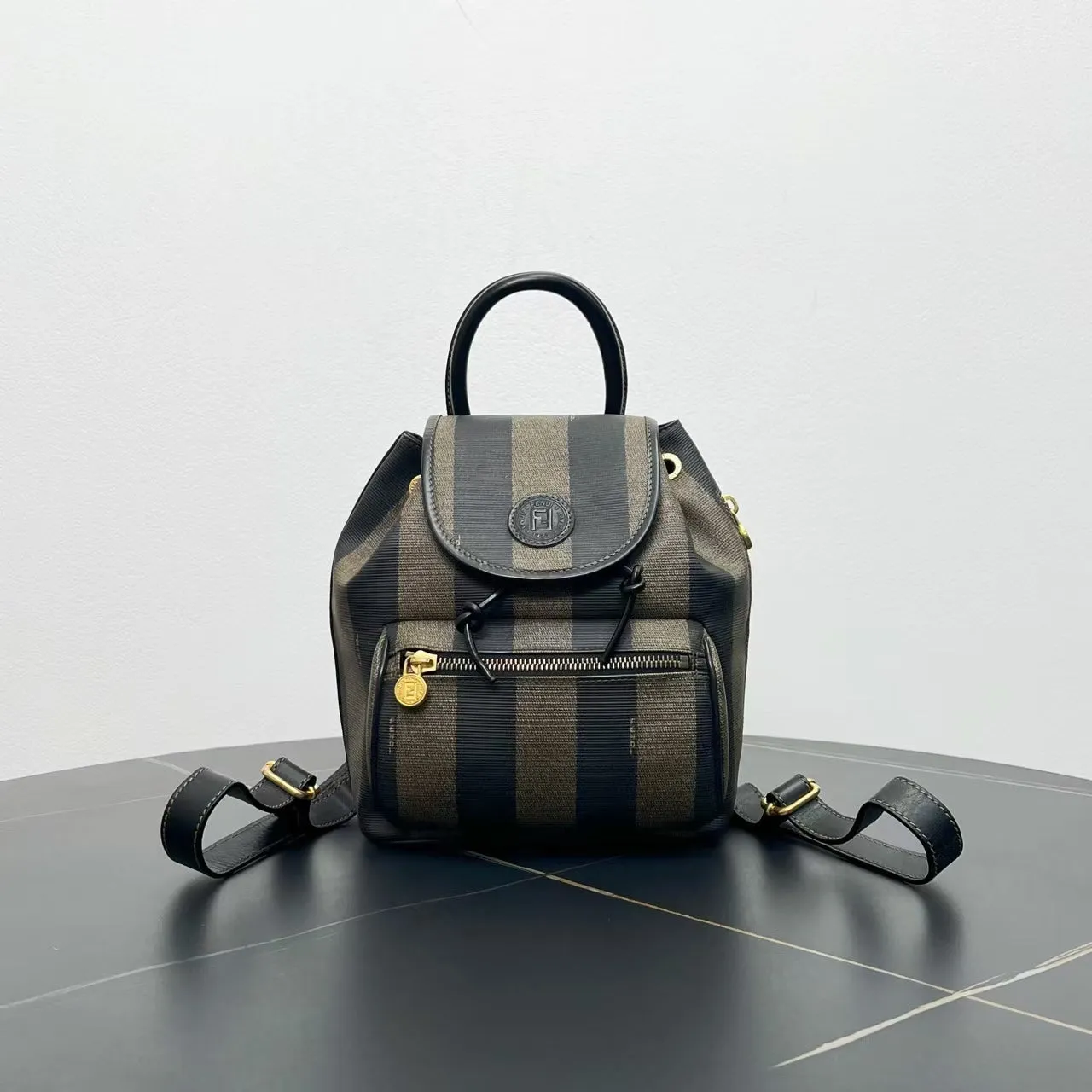 Fendi Striped Canvas Backpack Black Beige Medium Size