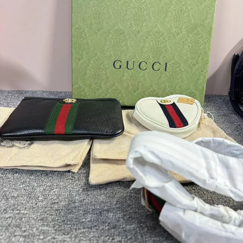 Gucci Ophidia Black Leather Small Pouch and White Heart Bag Set