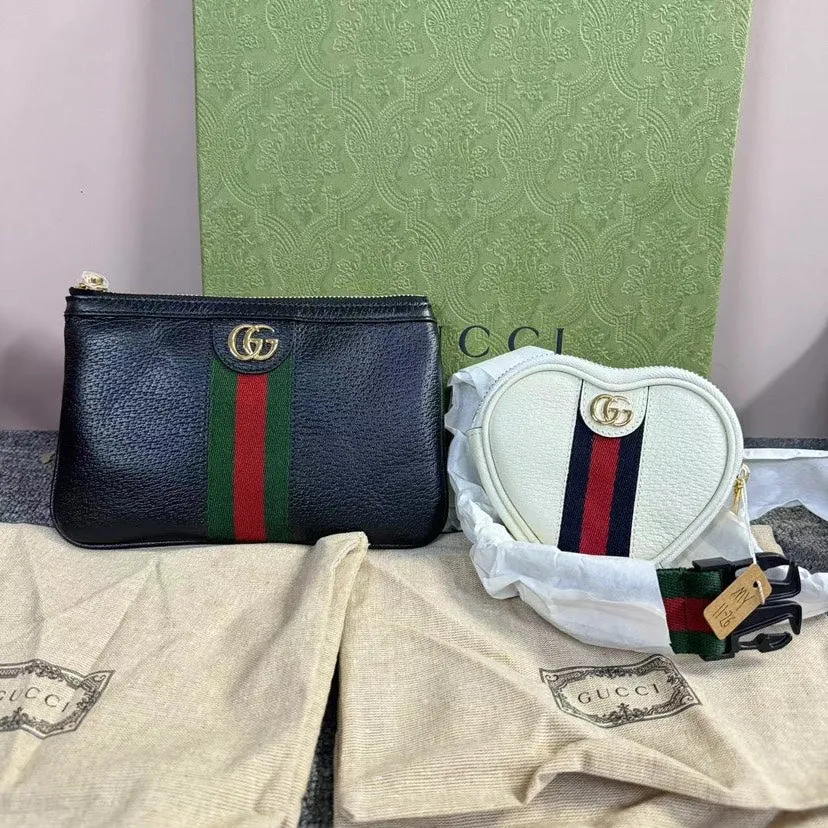 Gucci Ophidia Black Leather Small Pouch and White Heart Bag Set