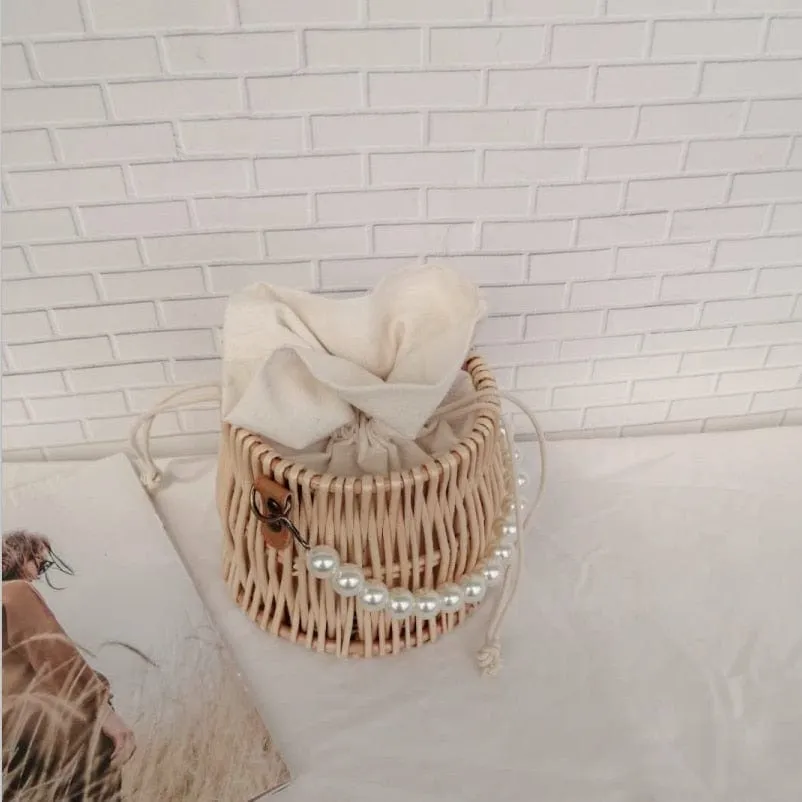 Hand-woven Natural Plant Willow Straw Bag Rattan Pearl Bucket Crossbody