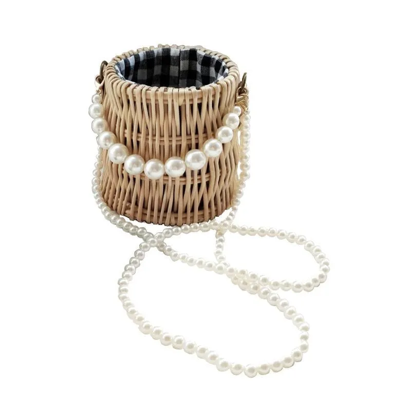 Hand-woven Natural Plant Willow Straw Bag Rattan Pearl Bucket Crossbody