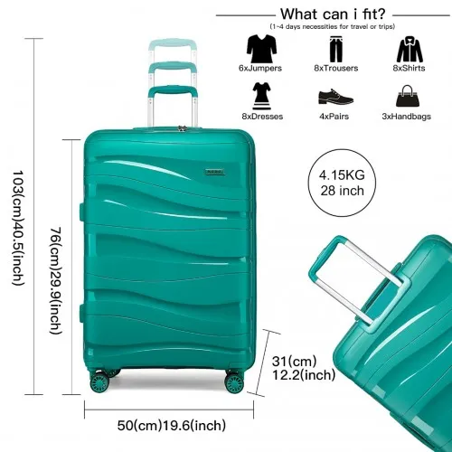 Kono 28 Inch Lightweight Polypropylene Hard Shell Suitcase with TSA Lock - Teal | Durable Travel Luggage with 360° Spinner Wheels