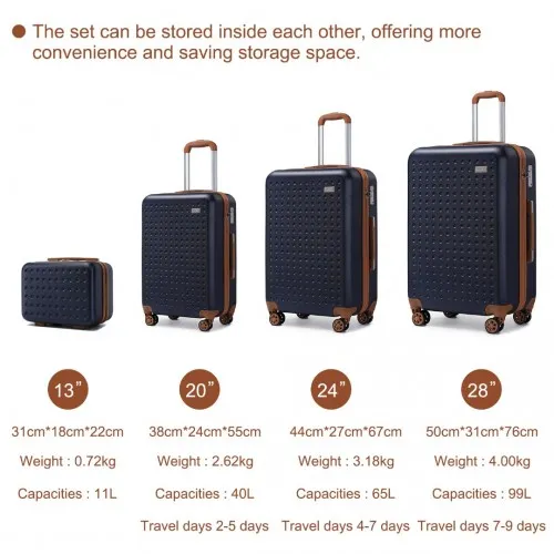 Kono Navy ABS Hard Shell Suitcase Set with TSA Lock & Vanity Case - 4 Piece Set