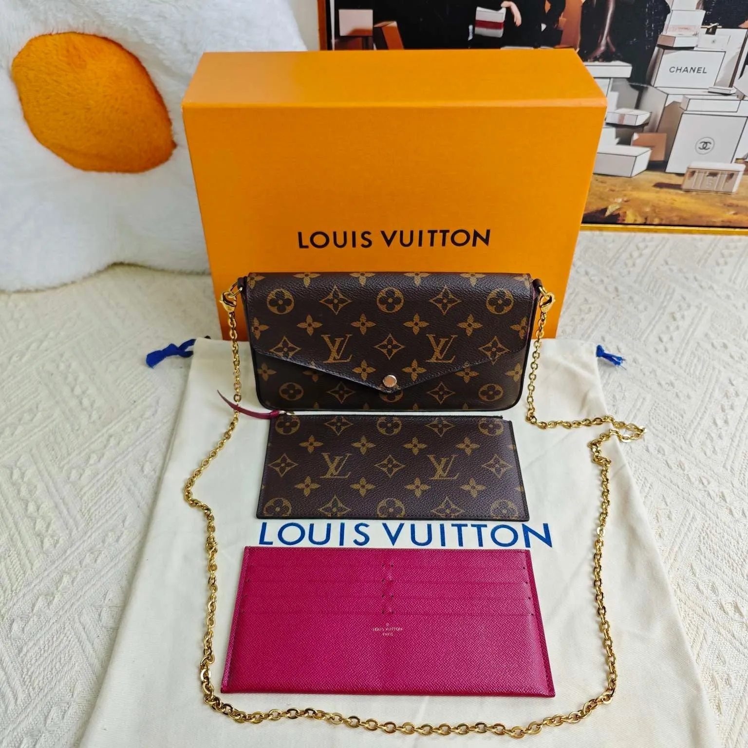 Louis Vuitton Monogram Pochette Felicie Brown Pink Chain Wallet