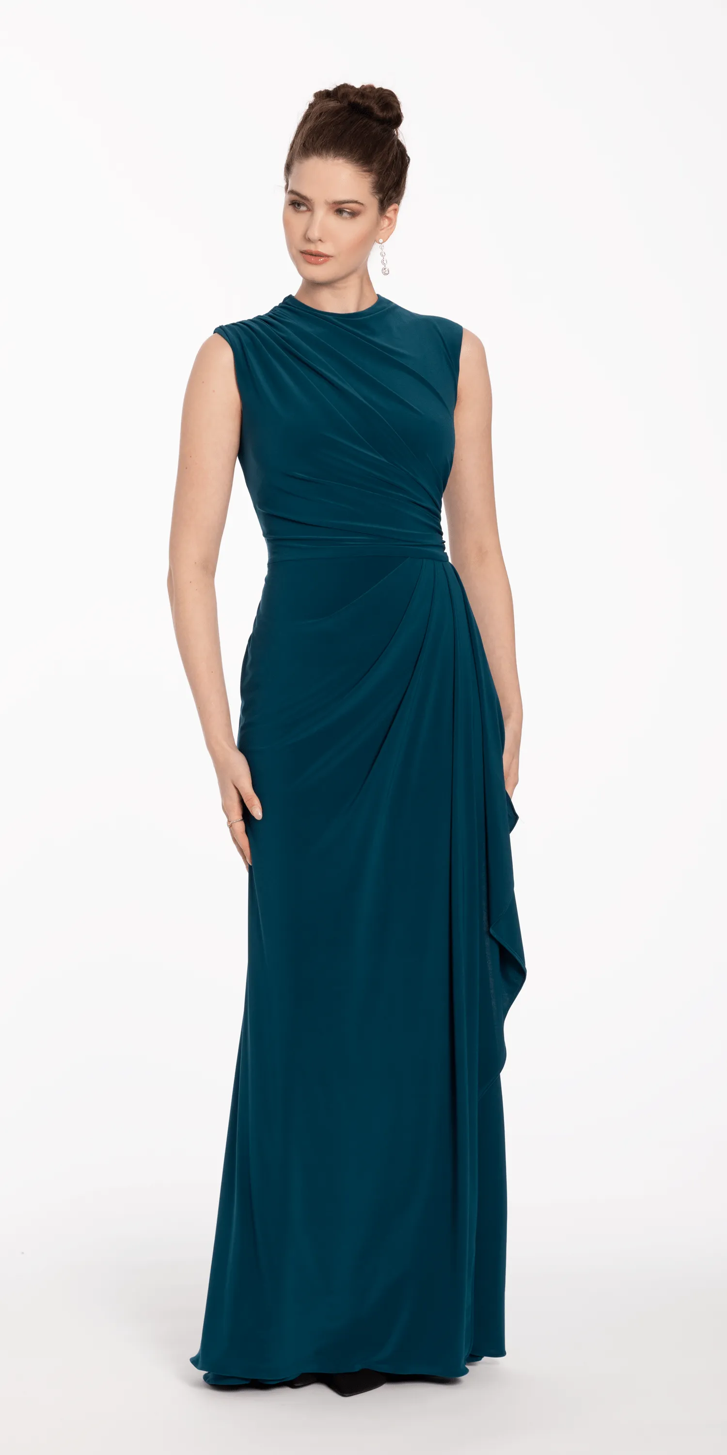 Mock Neck Jersey Side Ruched Sheath Dress