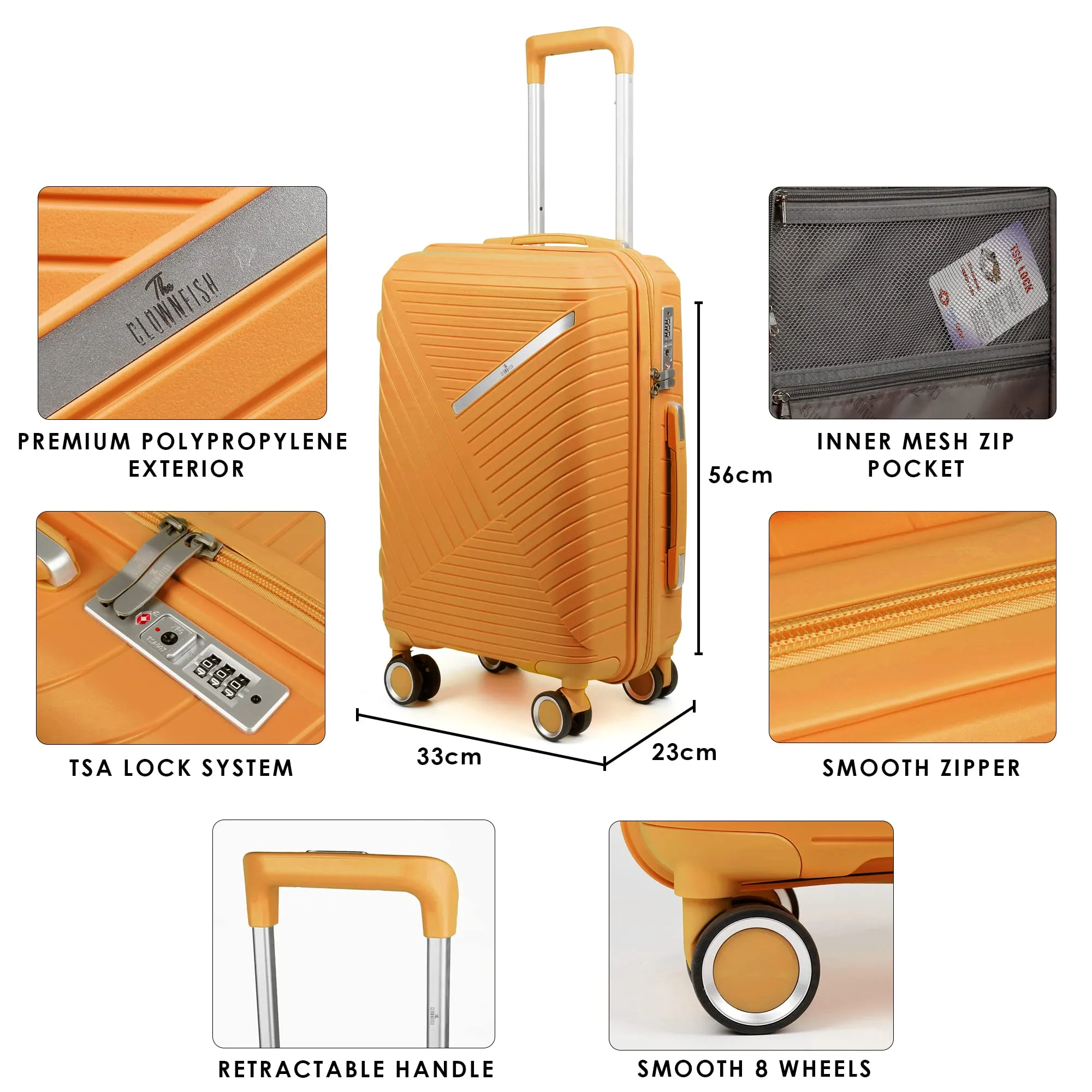 THE CLOWNFISH Denzel Series Luggage Polypropylene Hard Case Suitcase Eight Wheel Trolley Bag with TSA Lock- Orange (Small Size, 56 cm-22 inch)