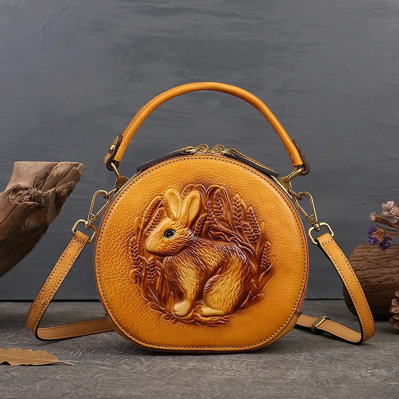 Vintage Embossing Rabbit Round Shape Shoulder Handbags 6223