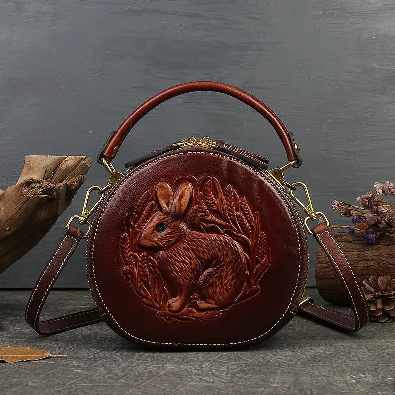 Vintage Embossing Rabbit Round Shape Shoulder Handbags 6223