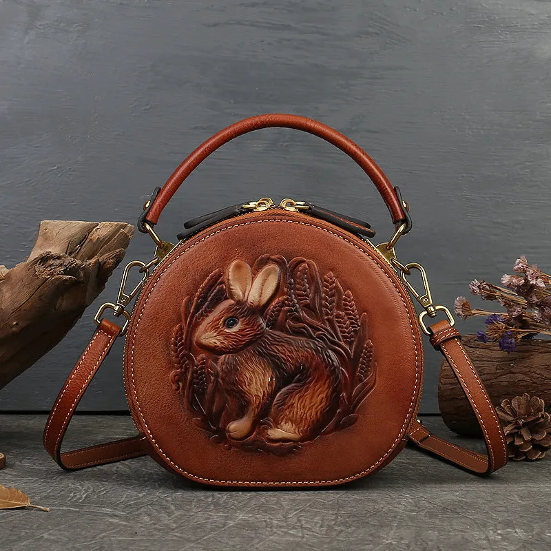 Vintage Embossing Rabbit Round Shape Shoulder Handbags 6223