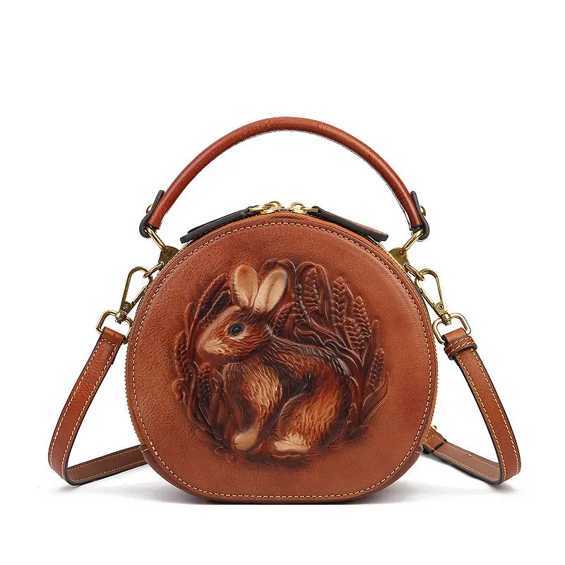 Vintage Embossing Rabbit Round Shape Shoulder Handbags 6223