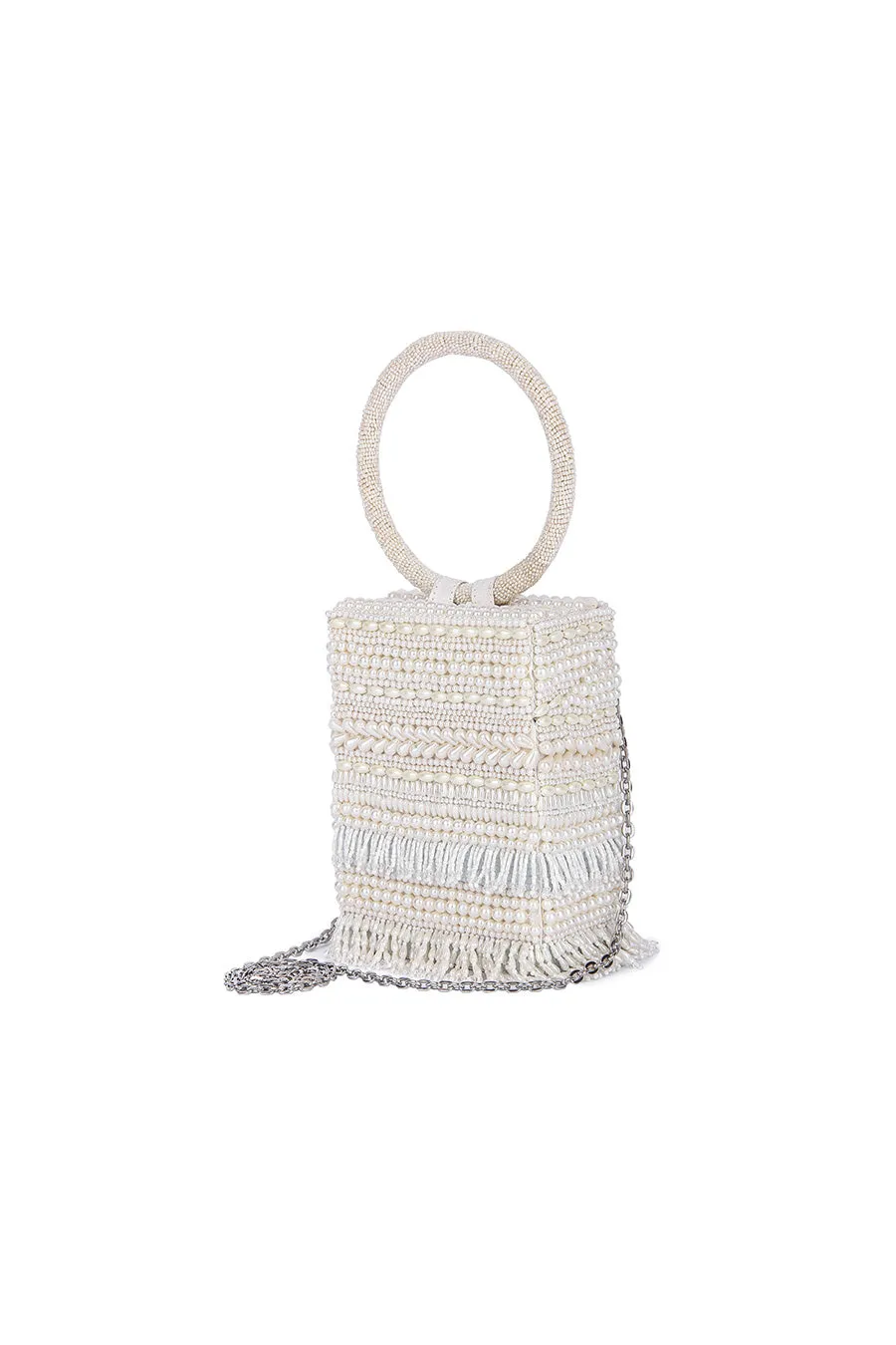 White Sunayena Pearl Embroidered Box Clutch