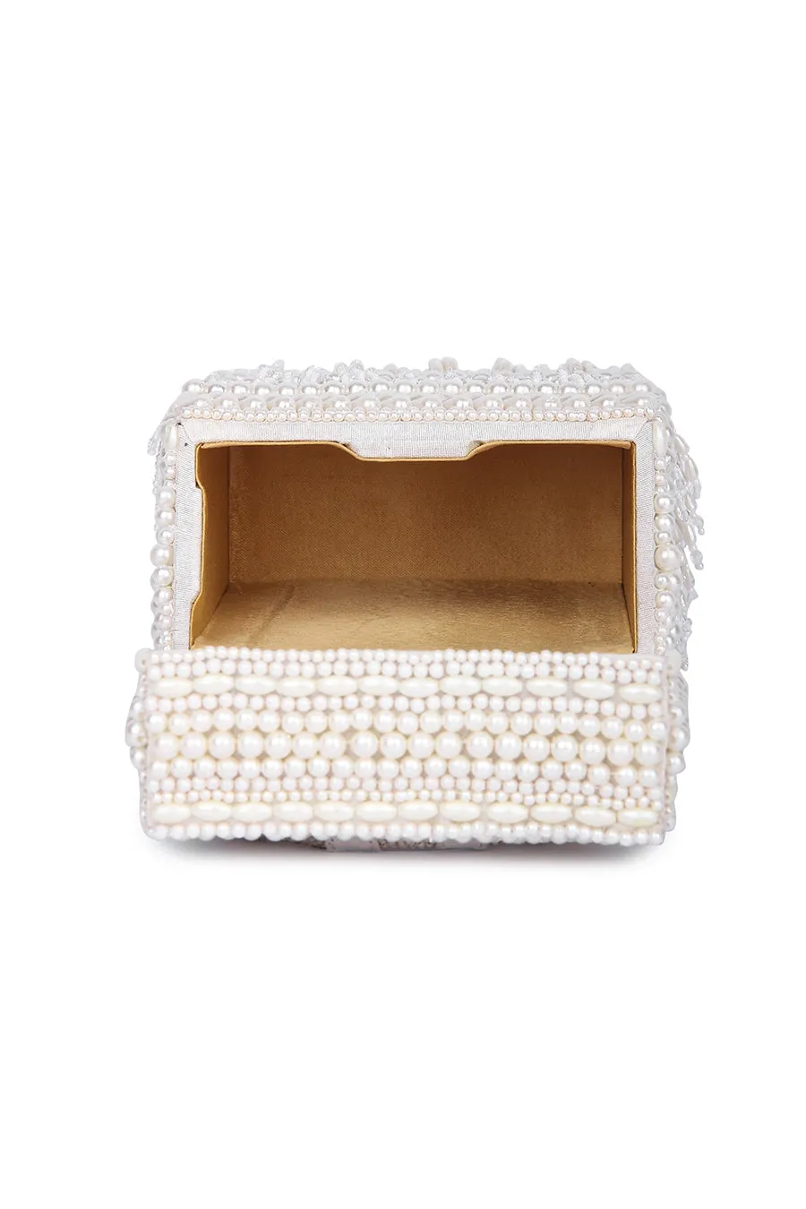 White Sunayena Pearl Embroidered Box Clutch